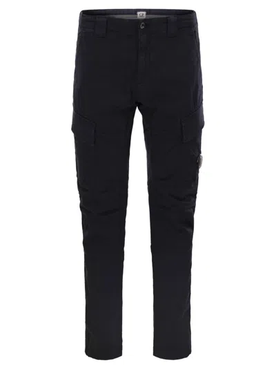 C.p. Company Streamlined Black Cargo Pants With Functional Pockets And Logo Detail In Blue