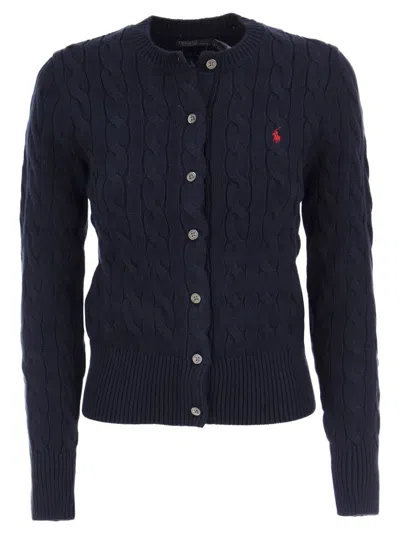 Polo Ralph Lauren Cable Knit Cardigan With Button-down Front In Blue