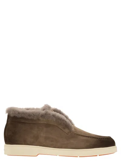 Santoni Suede And Fur Desert Boot In Brown