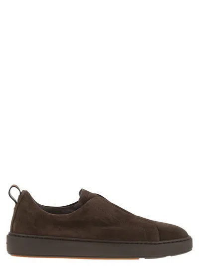 Santoni Suede Slip-on Trainer With Double Buckle Decoration In Brown