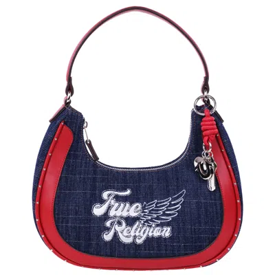 True Religion Wing Motif Denim Hobo Bag With Red Trim In Blue