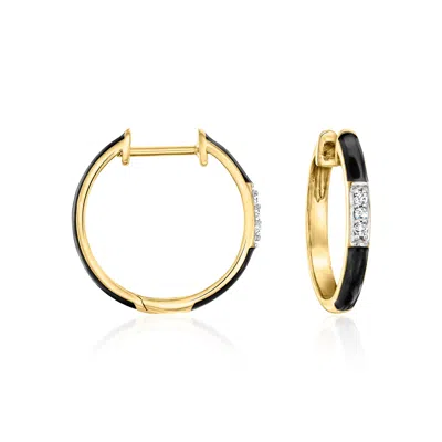 Ross-simons Black Enamel And Diamond Hoop Earrings In 18kt Gold Over Sterling In Gold
