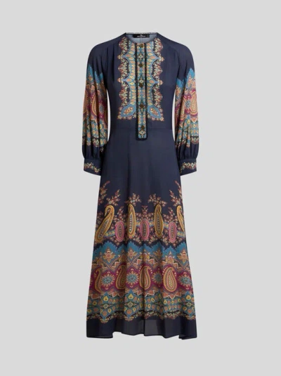 Etro , Dress With Placed Paisley Print, Woman, Blue, Size 44 In Blue
