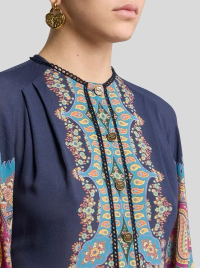 Etro , Dress With Placed Paisley Print, Woman, Blue, Size 44 In Blue