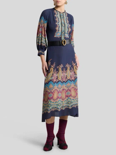 Etro , Dress With Placed Paisley Print, Woman, Blue, Size 44 In Blue