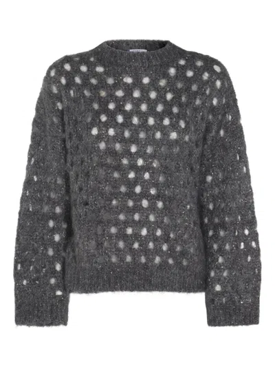 Brunello Cucinelli Open-knit Grey Sweater With Metallic Threads In Black