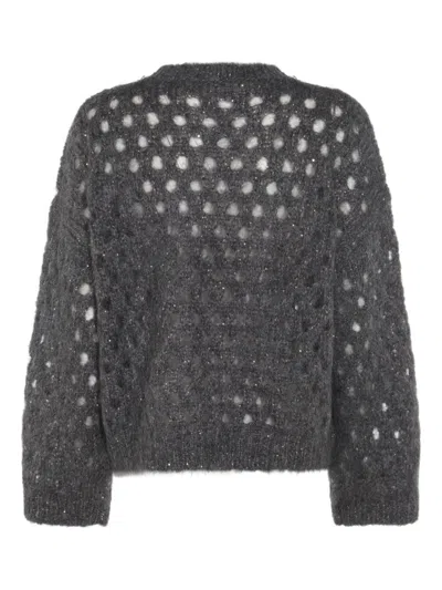 Brunello Cucinelli Open-knit Grey Sweater With Metallic Threads In Black