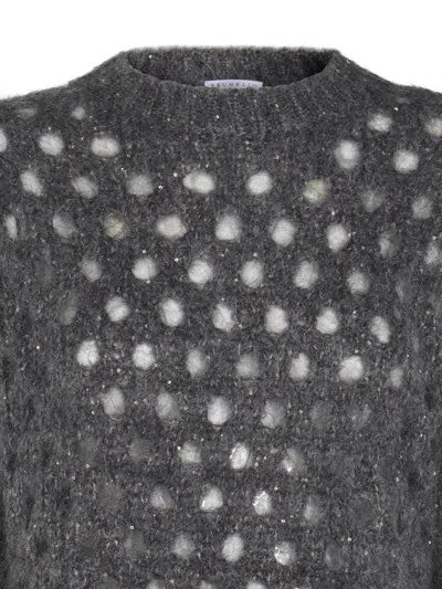 Brunello Cucinelli Open-knit Grey Sweater With Metallic Threads In Black