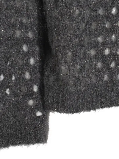 Brunello Cucinelli Open-knit Grey Sweater With Metallic Threads In Black