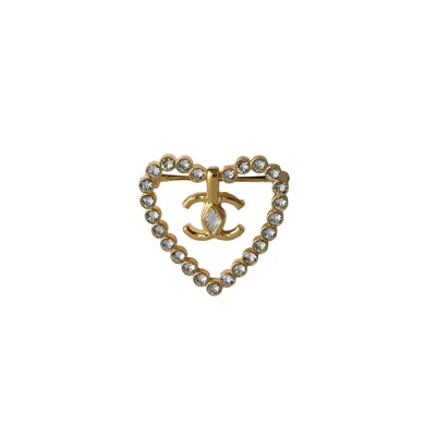 Pre-owned Chanel Cc Crystal Strass Heart Brooch Gold