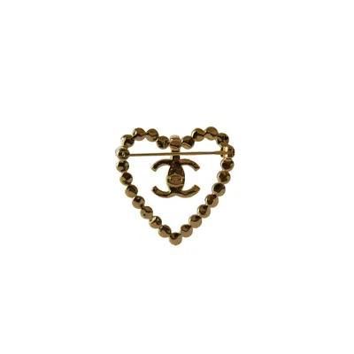 Pre-owned Chanel Cc Crystal Strass Heart Brooch Gold