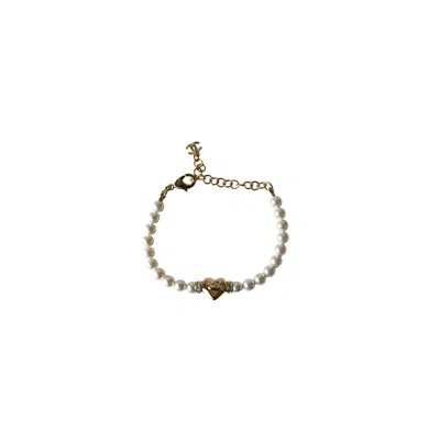 Pre-owned Chanel Cc Crystal Strass Heart Pearl Bracelet Gold