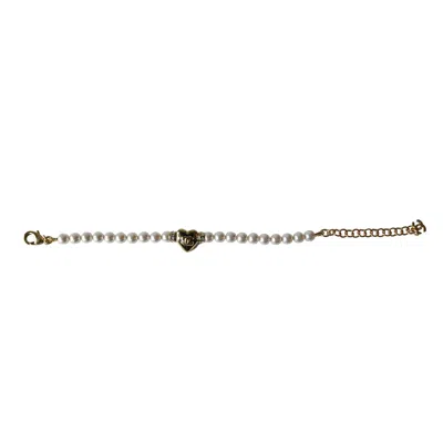 Pre-owned Chanel Cc Crystal Strass Heart Pearl Bracelet Gold