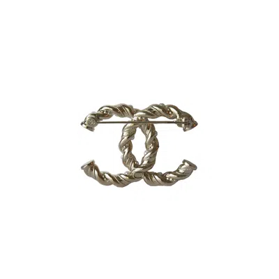 Pre-owned Chanel Cc Crystal Strass Pearl Twisted Brooch Gold