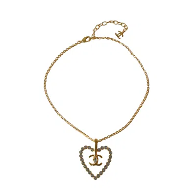 Pre-owned Chanel Cc Heart Crystal Strass Pendant Necklace Gold