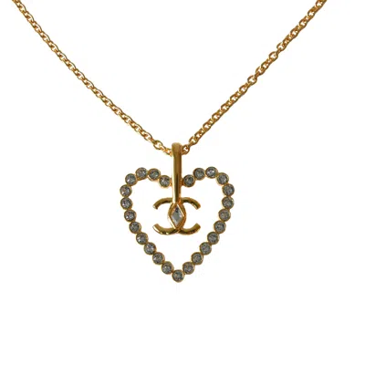 Pre-owned Chanel Cc Heart Crystal Strass Pendant Necklace Gold