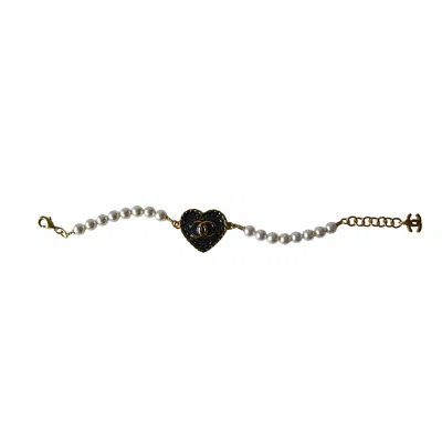 Pre-owned Chanel Cc Heart Metal Denim Bracelet Gold Blue Pearly