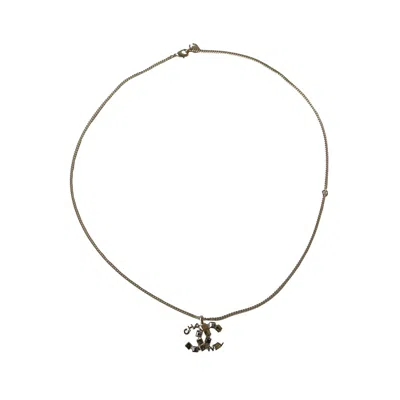 Pre-owned Chanel Cc Logo With Square Crystal Strass Pendant Necklace Gold