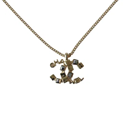 Pre-owned Chanel Cc Logo With Square Crystal Strass Pendant Necklace Gold