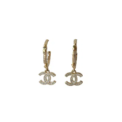 Pre-owned Chanel Cc Metal Crystal Strass Studded Hoop Drop Earrings Gold