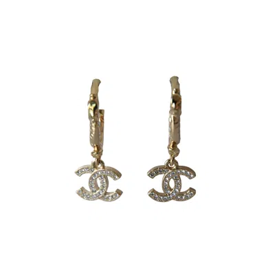 Pre-owned Chanel Cc Metal Crystal Strass Studded Hoop Drop Earrings Gold