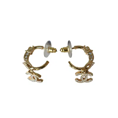 Pre-owned Chanel Cc Metal Crystal Strass Studded Hoop Drop Earrings Gold