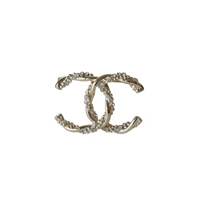 Pre-owned Chanel Cc Metal Crystal Strass Twisted Brooch Light Gold
