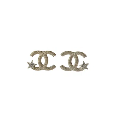 Pre-owned Chanel Cc Rope Texture Corner Star Crystal Strass Earrings Gold