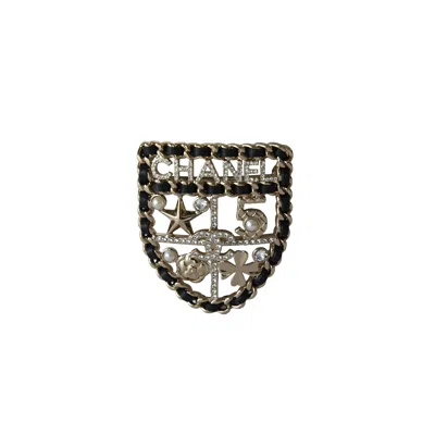 Pre-owned Chanel Lambskin Pearl Crystal Strass Sergeant Shield Brooch Gold