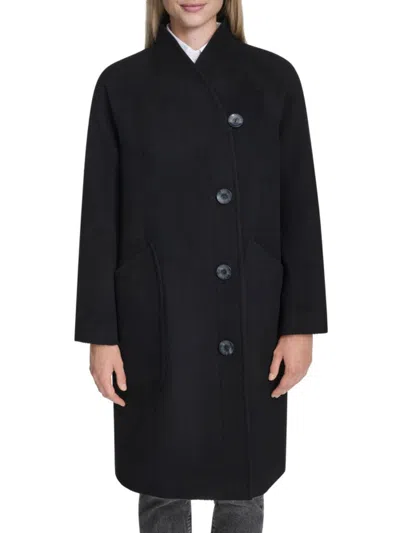 Cole Haan Asymmetric Closure Chevron Texture Wool Blend Coat In Multi