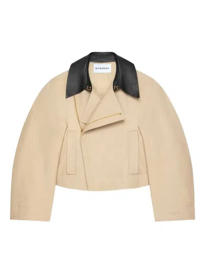 Givenchy Cropped Peacoat With Leather Collar In Cotton And Wool In Neutral