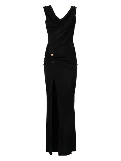 Versace Embellished Draped Stretch-jersey Gown In Black