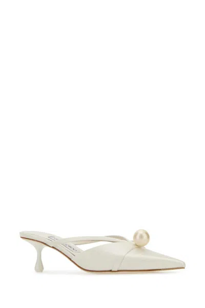 Jimmy Choo Satin Mules With Pearl Detail And Kitten Heel In White