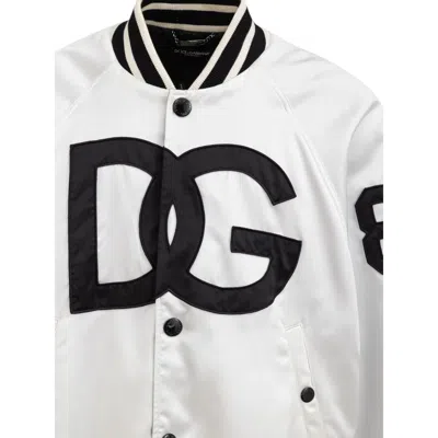 Dolce & Gabbana White Dg Logo Polyester Jersey Bomber Jacket In Neutral