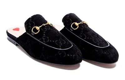 Gucci Women Princetown Gg Supreme Velvet Mule In Black