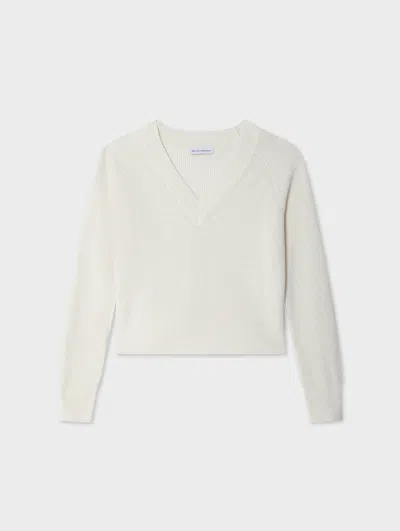 White & Warren Fine Cotton Blend Ribbed V Neck In White In White