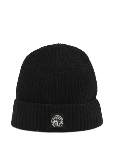 Stone Island Light Wool Knitted Beanie With Compass Patch Accessories In Black