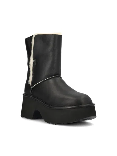 Ugg Fur-trimmed Black Leather Platform Boots With Block Heel In Black