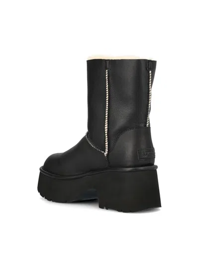 Ugg Fur-trimmed Black Leather Platform Boots With Block Heel In Black