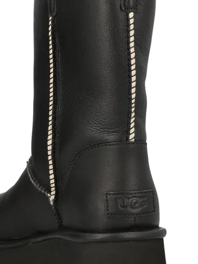 Ugg Fur-trimmed Black Leather Platform Boots With Block Heel In Black