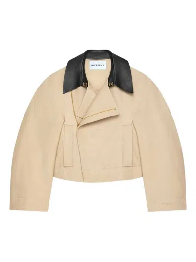 Givenchy Cropped Peacoat With Leather Collar In Cotton And Wool In Sand