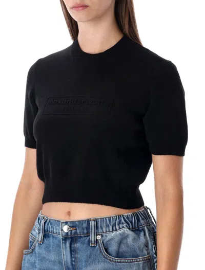 Alexander Wang Cropped Ribbed Chenille Sweater With Logo In Black