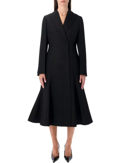 Fendi Black Grain De Poudre Wool Midi Coat With Peplum In Black