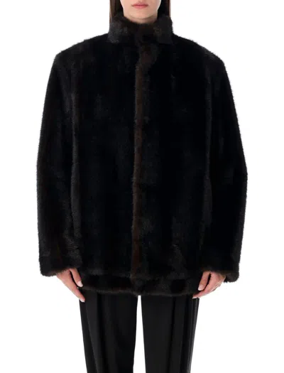 Mm6 Maison Margiela Plush Black Faux Fur Jacket With High Collar And Relaxed Fit In Black