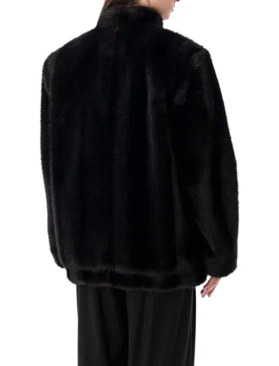 Mm6 Maison Margiela Plush Black Faux Fur Jacket With High Collar And Relaxed Fit In Black
