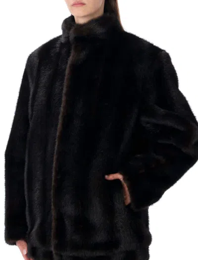 Mm6 Maison Margiela Plush Black Faux Fur Jacket With High Collar And Relaxed Fit In Black