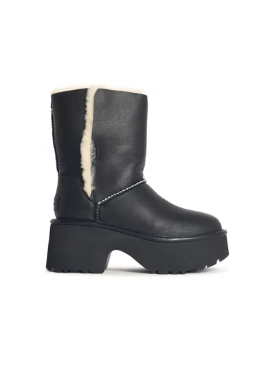 Ugg Fur-trimmed Black Leather Platform Boots With Block Heel In Black