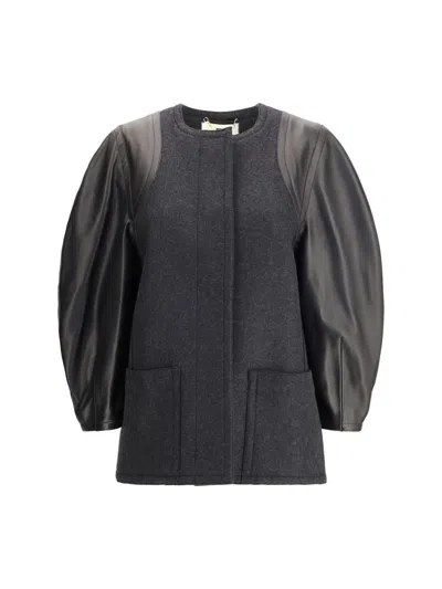 Fendi Women Virgin Wool Coat With Leather Sleeves In Gray