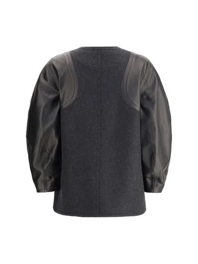 Fendi Women Virgin Wool Coat With Leather Sleeves In Gray