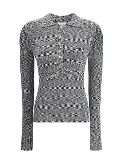 Ganni Black And White Polo Shirt With All-over Space-dye Effect And Button Closure In Fabric Woman In Gray